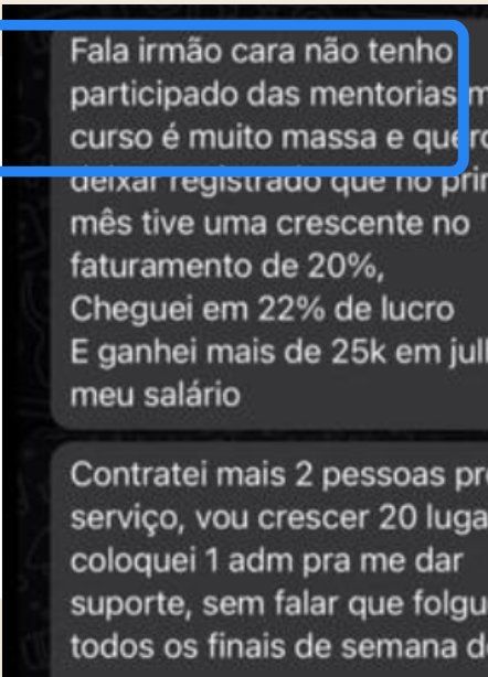 Mensagem de aluno: crescimento de 20% e 22% de lucro