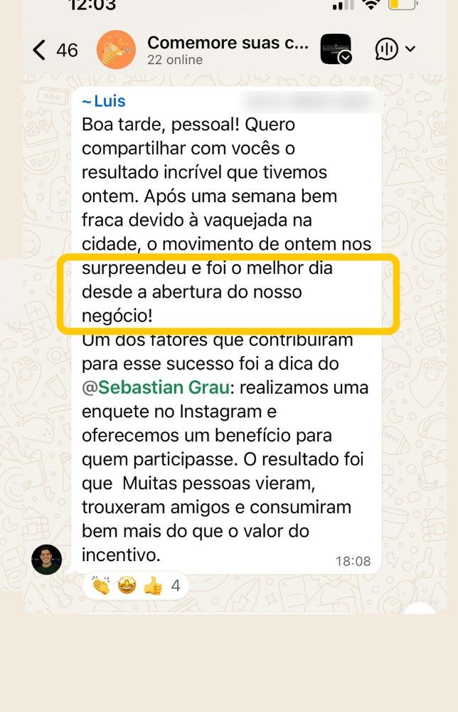 Mensagem de aluno: o melhor dia desde a abertura do negócio